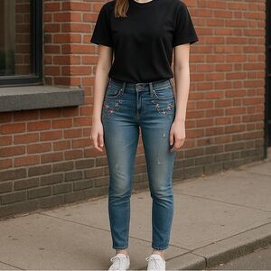 Blue jeans size 8, embellished rhinestone flowers